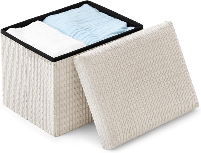 Thyle Storage Ottoman Cube, Small Foldable Footrest Stool for Under Desk Use, Sturdy Corduroy Ottoman with Storage for Snacks, Toys, Living Room, Bedroom, Dorm or Home Office, 16x12x12 Inch(Beige)