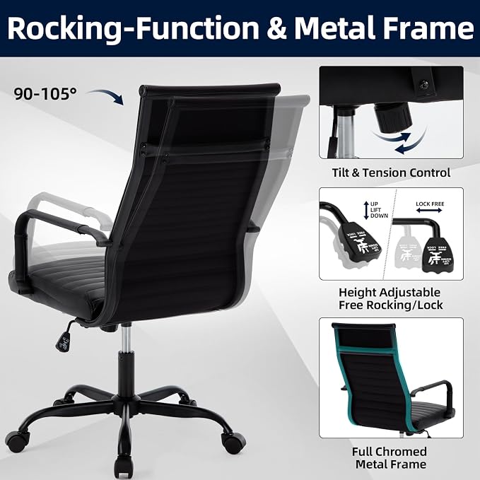 Office Chair, Ergonomic Executive Conference Room Chairs, Ribbed Leather Desk Chair with Lumbar Support, Adjustable Height Mid-Back Swivel Chair with Padded Seat
