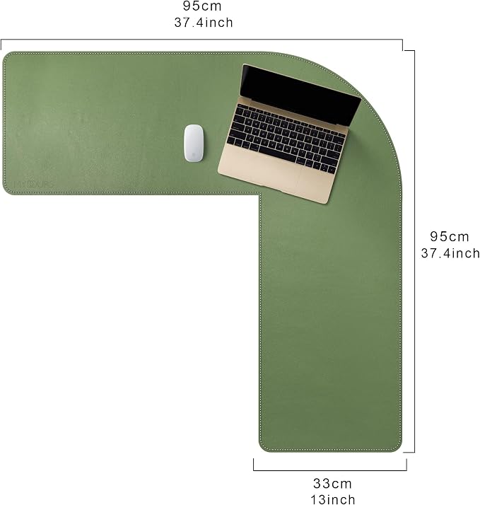Mydours L-Shape Desk Pad, (38"+38") x 13" Large PU Leather Corner Desk Mat Blotter, XXL Large Waterproof Gaming Mouse Pad, Desktop Protector for Computer Keyboard Home Office (Green)
