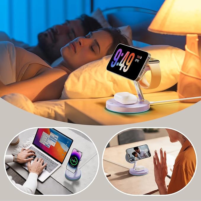 【Adjustable Blue Ambient Light】 Wireless Charger 3 in 1 for iPhone, Magnetic Charging Station for Apple Family,15W Fast MagSafe Charger Stand,for iPhone17-12-iWatch AirPods Series