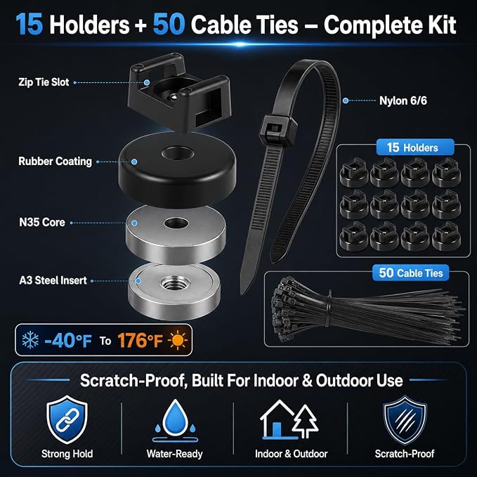 Magnetic Zip Tie Mounts 20mm, 15 Pack Cable Tie Mount Bases with 50 Zip Ties, Heavy Duty Cable Clips for Wire Management, Magnet Cord Holder Organizer for Desk, PC, Home Office