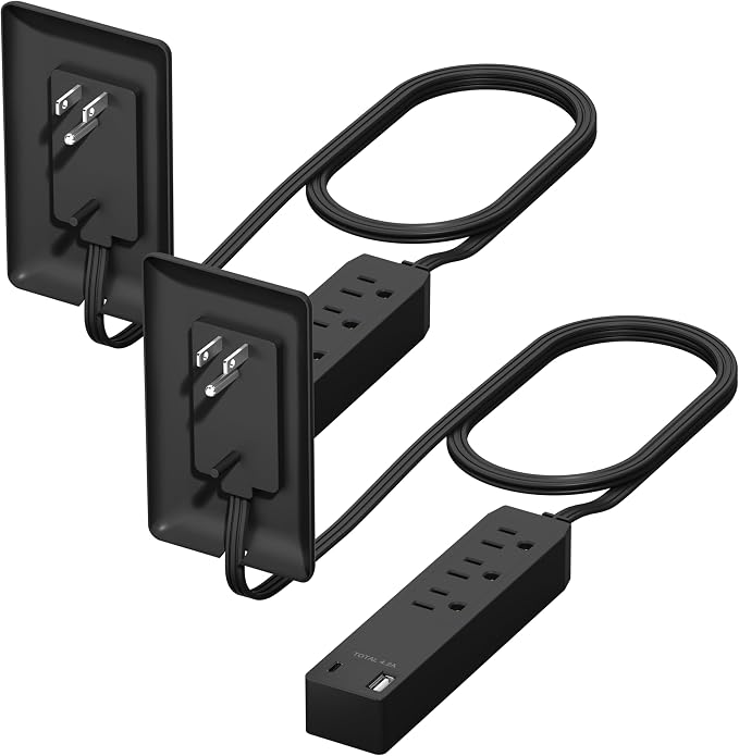 LIDER Outlet Extender with 3 Receptacles, 12W USB-A & USB-C, Ultra-Thin Wall Plate Plug with Cord Extender, 3-Outlet Power Strip, Flat-Face, 3ft Cord, 1625W, ETL Listed, Matte Black, 2-Pack