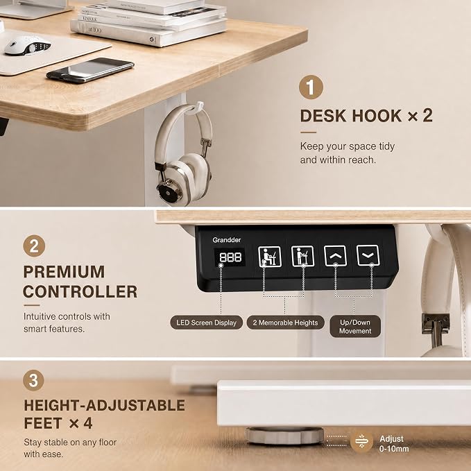Grandder 47x32 Large Electric Standing Desk, Height Adjustable Computer Desk with 2 Memory Presets, 31.5" Deep Desktop Sit Stand Desk Home Office Desk Workstation Table with Hooks, Oak