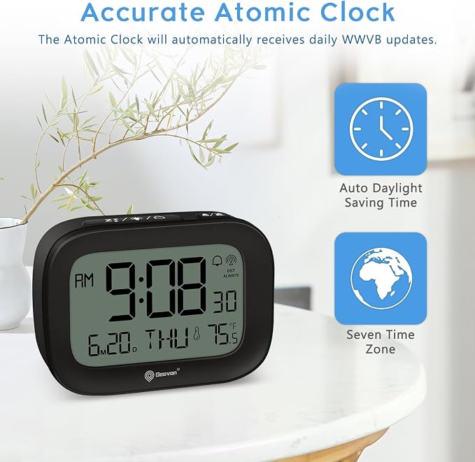 Geevon Travel Alarm Clock Battery Operated with Temp & 10s Backlight | 3 Inch LCD Display Clock, Portable with Snooze, Perfect for Home Office Kitchen Bedroom Outdoor, Nice Gift for Any Occasion