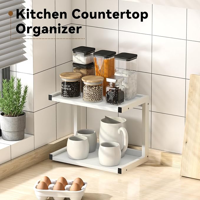 MARTY Kitchen Counter Shelf Organizer, 2 Tier Coffee Station/Bar Organizer | Spice Rack for Countertop, Mugs Cups, Desk Shelf Riser, Bathroom Counter Organizer, Wood+Metal, White