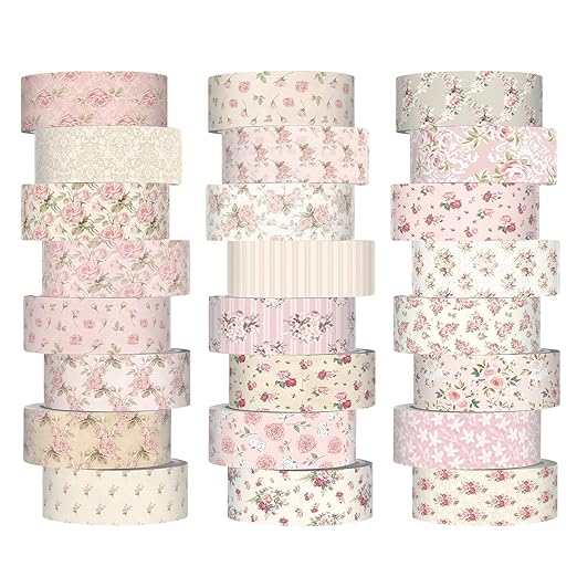 Gueevin 24 Rolls Watercolor Floral Washi Tape Set 15 mm Seasonal Flower Decorative Washi Tape for Craft Arts DIY Scrapbook Journaling Supplies Gift Wrapping (Pink Floral)