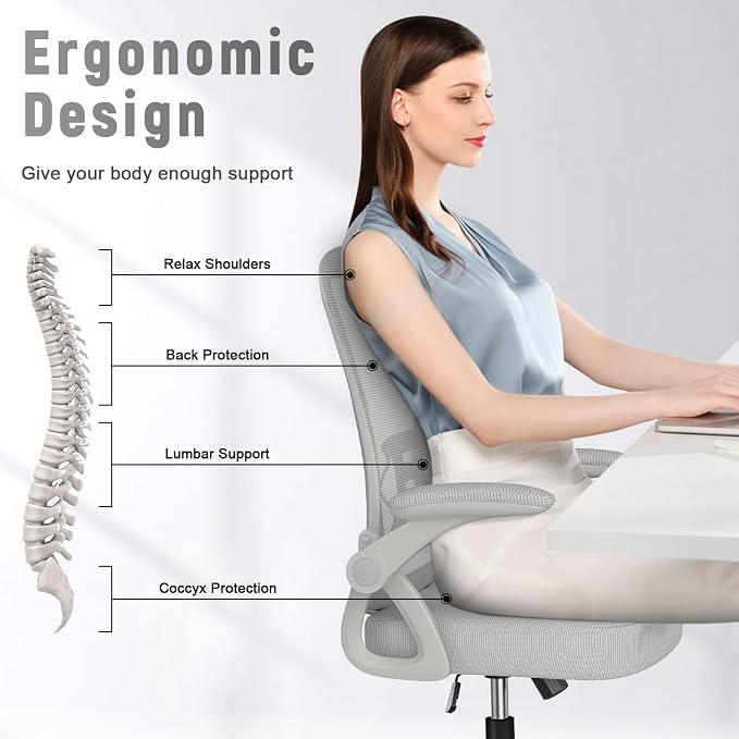 naspaluro Home Office Desk Chair Mid Back with Adjustable Height Grey | Comfy Ergonomic Chair with Flip-Up Arm and Lumbar Support, Breathable Mesh Swivel Computer Chair for Study Working Teacher