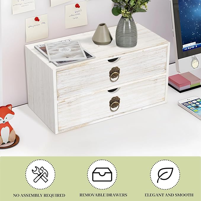 Wood Desk Organizer, White Wooden Desktop Organizer with Drawer, Tabletop Storage Organization Box for Countertop, Home Office Supplies, Bills (2 Drawer)