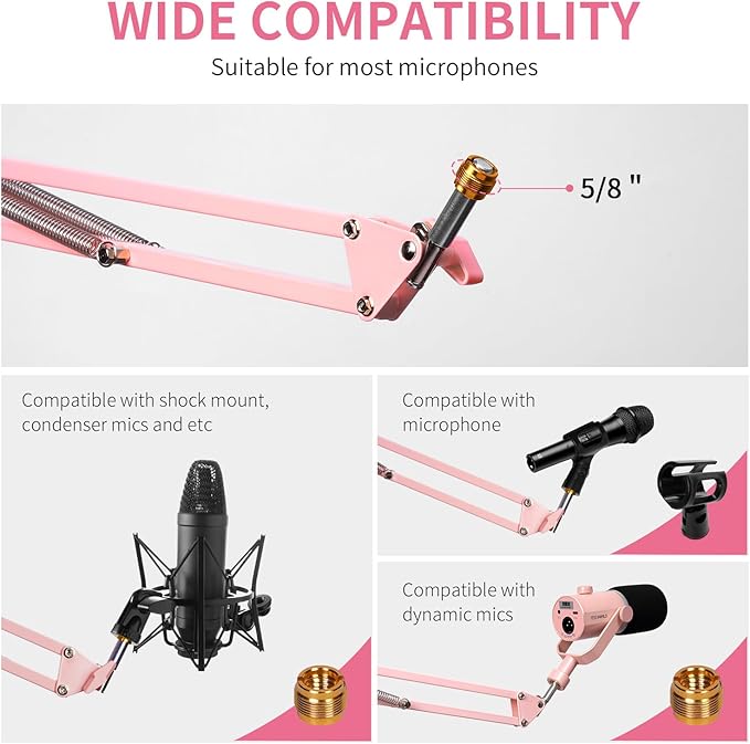 FEELWORLD AMS1 Microphone Boom Arm, Adjustable Mic Arm Stand with 3/8” to 5/8” Screw, Compatible with PM1 and other Mics for Podcast Straming Gaming Studio （Pink)