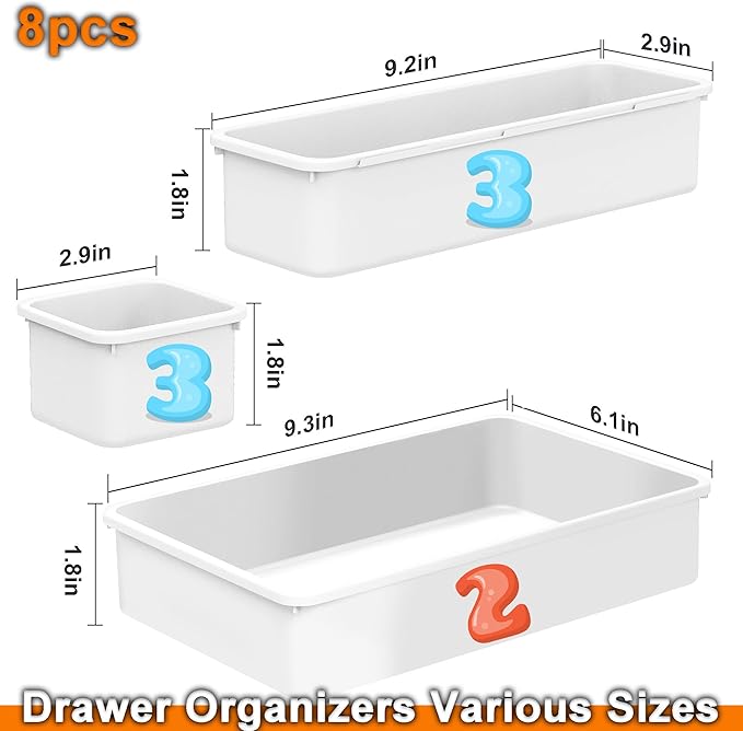 Desk Drawer Organizer Tray Set, 8PCS Plastic Drawer Organizer Bins for Office, Makeup, Kitchen - White Desk Organizer with Flexible Interlocking Design for Efficient (White, 8PCS)