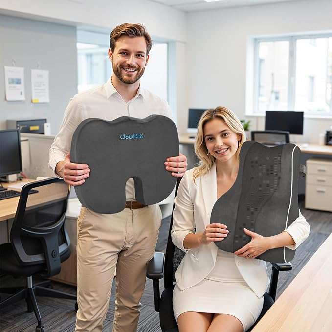 CloudBliss Lumbar Support Pillow, Memory Foam for Office Chair, Gray | Ergonomic High-Density Memory Foam, Adjustable Straps, Washable Mesh Cover, Lower Back Support for Office, Gaming & Car Seat