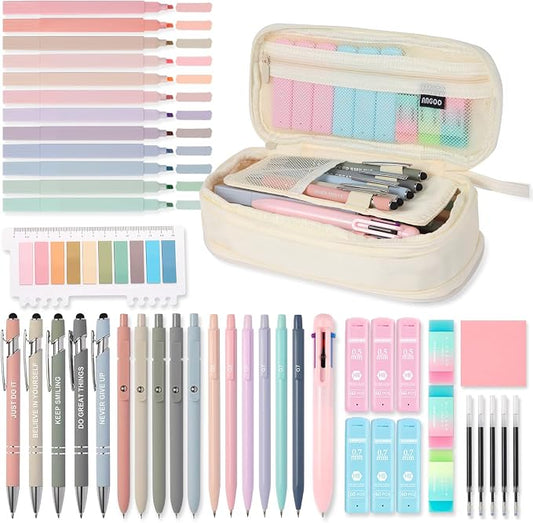 56 PCS Aesthetic School Supplies with Large Pencil Case, 5 Inspirational Ballpoint Pens, 12 Pastel Highlighters, 5 Black Ink Gel Pens, 6 Mechanical Pencils 0.5-0.7mm College Student Essentials (Beige)