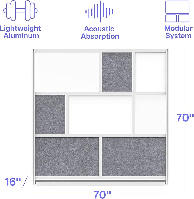 Room Divider for Office Privacy – Modular Freestanding Partition with Whiteboard, PET Acoustic Panel, and Frosted Acrylic, Workflow Multi-Functional Wall, Gray Frame, Easy Assembly (70” x 70”)