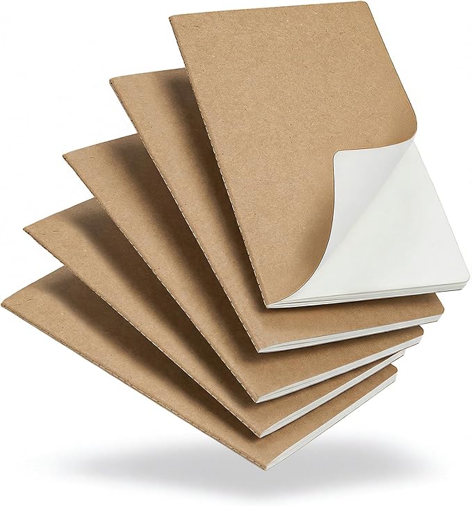5 Pack Blank Kraft Notebooks A5, Unlined Composition Journals, 80gsm Paper, 60 Pages, 8.3x5.5 Inches, Softcover Sketch Writing Notebooks for School Office Artists Students