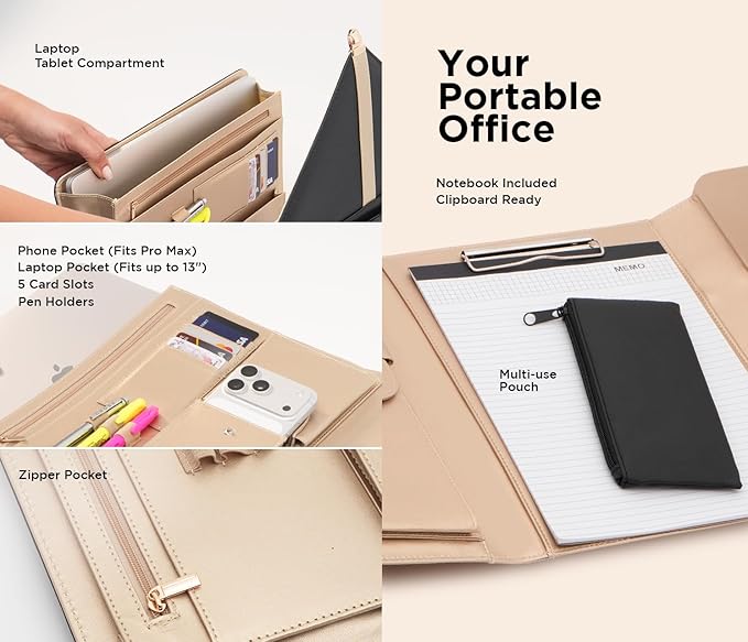 Padfolio for Women, High-Quality Thick PU Leather Waterproof, Portfolio Binder, w/a Varierity of Organizers, Sleek Portfolio, Includes A Notepad and A Pencil Case, Leather Portfolio, Black
