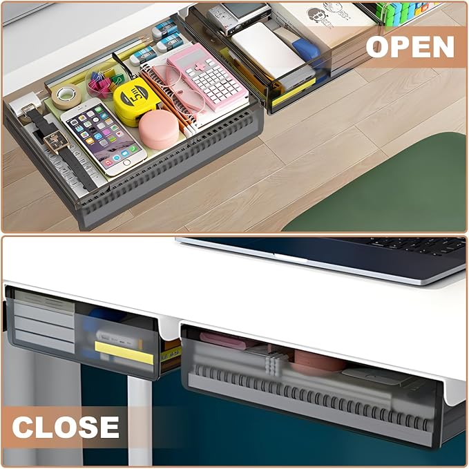 SVNNELP Under Desk Table Drawer Storage Organizer,2 Pack Large & Medium Slide Out Desk Drawers - Hidden Desktop Organizer,Attachable Pencil Storage Tray Under Table(ML)