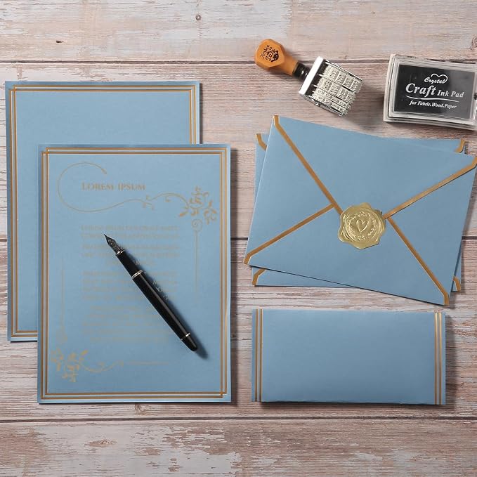 50 Pack Stationery Set with Envelopes, Dusty-Blue, 6x8 Inches | Gold Border, A6 Envelopes 4.75x6.5 inch and 6x8 Paper Sheets, Stickers for Letter Writing, Invitations