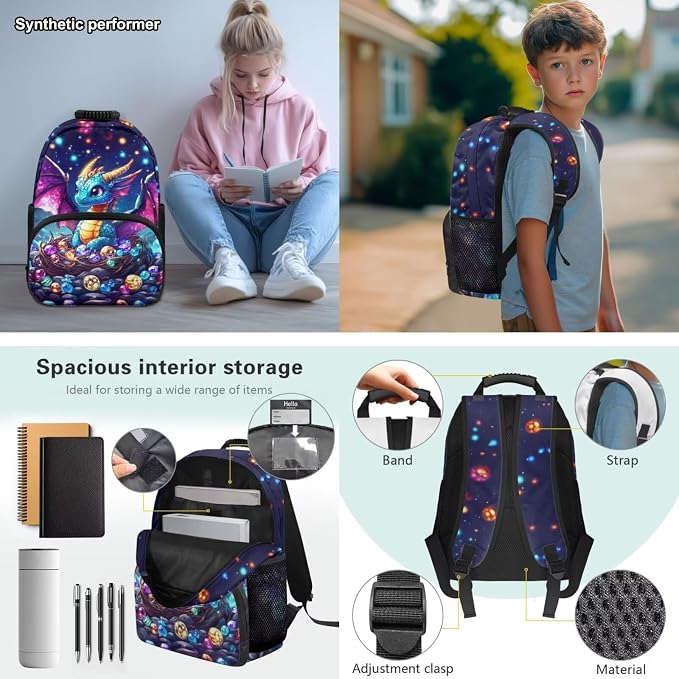 Cute Dragon Backpack for Girls Ages 6-8, 4PCS Elementary School Bookbag Set with Lunch Box, Cute Fantasy Back to School Supplies for 1st 2nd 3rd Grade