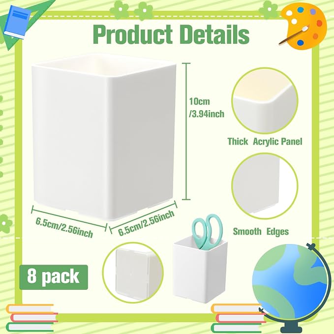 8 Pcs White Acrylic Pen Holder for Desk, Pencil Cup Bulk Makeup Brush Storage Organizer, Desktop Pencil Cup Stationery Desktop Stationery Organizer for Office School Home Supplies