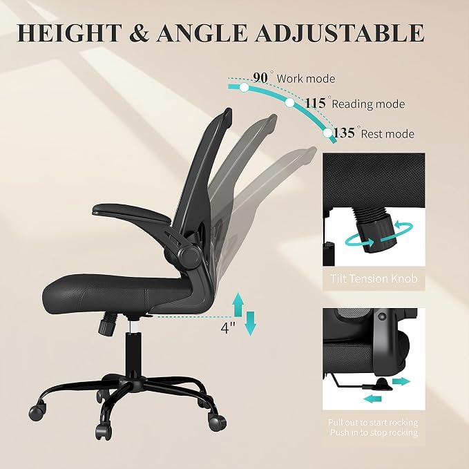 Flysky Mesh Office Chair, Ergonomic Computer Desk Chairs for Home Office - with Comfy/Comfortable Flip-up Arm Rests, Lumbar Support, Height Adjustable, 360 Degree Rolling Swivel (Black, 10 Pack)
