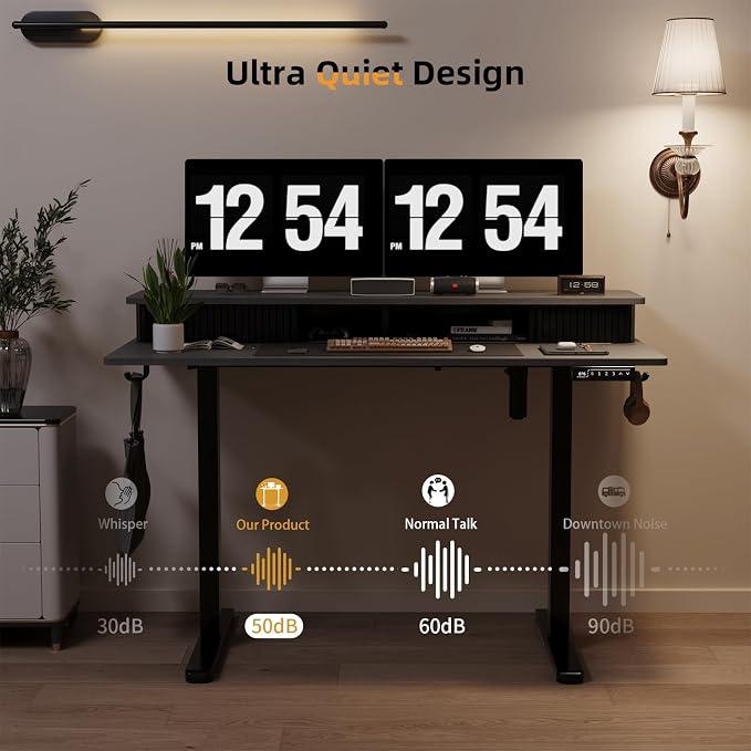 JOY worker 48" Electric Adjustable Standing Desk with Storage Monitor Stand | Grey Computer Desk Height Adjustable with Storage Shelves, Spacious Woskstation, Sit Stand Desk with 2 Hooks for Home Office