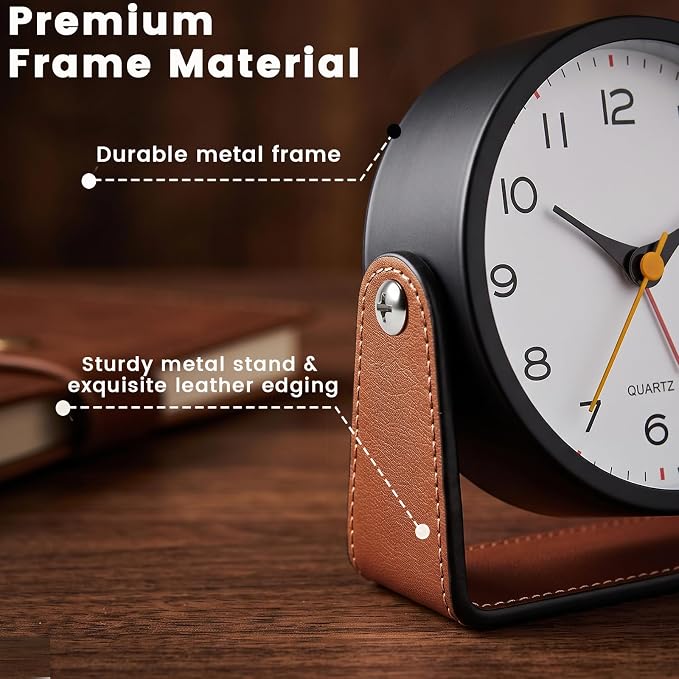Analog Alarm Clock - 4.5" Silent Non Ticking Small Clock with Light, Rotatable Stand Metal Desk Clock Battery Operated, Simple Design for Living Room Decor/ Bedroom/Bedside/Shelf (Black & Brown)