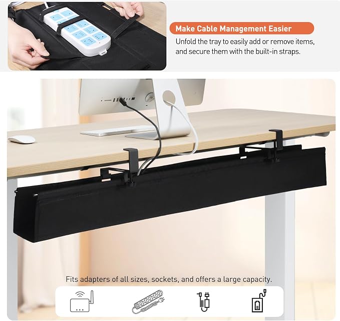 MAXECHO Under Desk Cable Management Tray 48" - Clamp on Wire and Cable Organizer for Storage and to Hide Cords - Ideal for Home Office - Premium Black Fabric Design