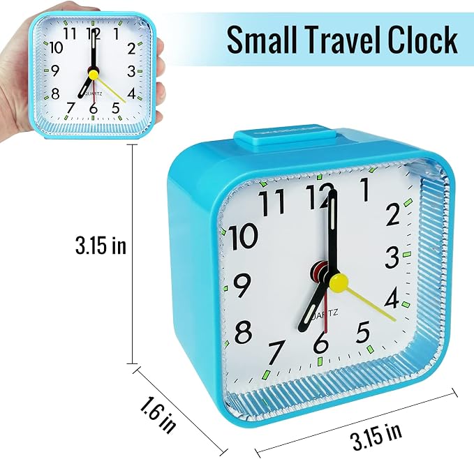 Lamisola Small Battery Operated Analog Alarm Clock for Bathroom, Travel Clock, Quieter Bedrooms Desk Bedside Clocks for Kids Teen, Blue