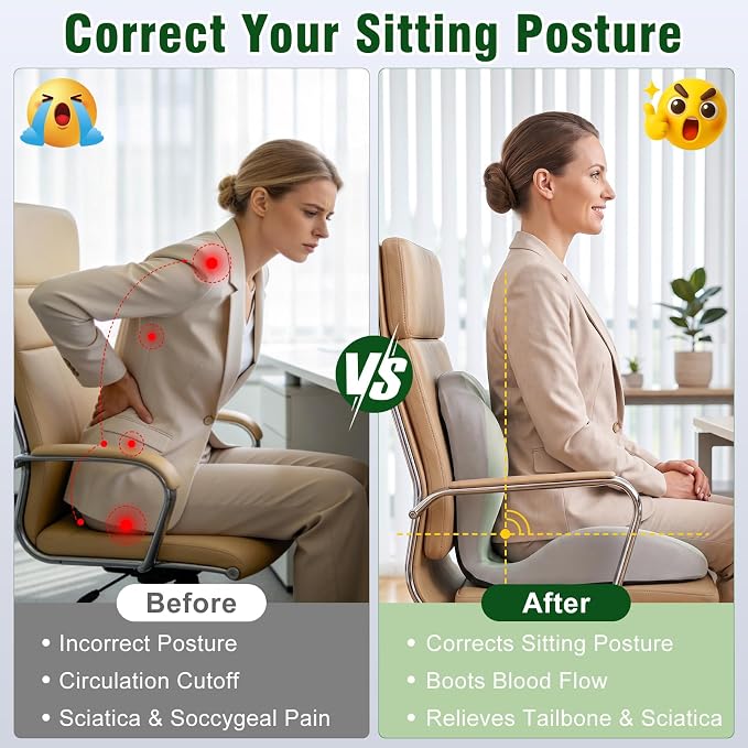 Car Seat Cushion with Lumbar Support Pillow, Memory Foam Office Chair Cushion for Back Pain Sciatica Pain Relief, Ergonomic L-Shaped Seat Cushion for Car Truck Driving Office Chair Home (Green Gray)