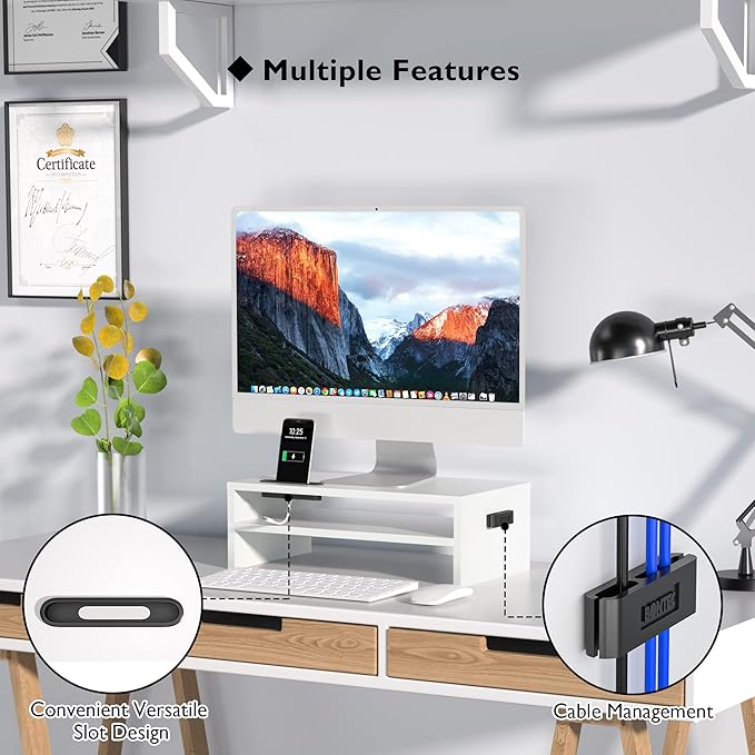 BONTEC Wooden Monitor Stand Riser for Desk, 2-Tier Computer Monitor Stand with Storage, 66 lbs Desk Shelf Organizer, Laptop & Printer Stand with Phone Holder and Cable Management, White, 16.5 Inch
