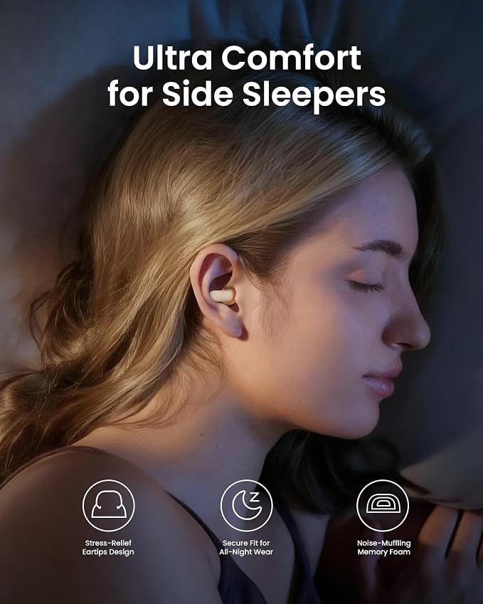 Dream Ear Plugs for Sleeping, 26 dB (SNR) Noise-Reduction Soft Silicone Earplugs with Patented Qufits Ear Tips and Portable Case, Reusable Earplugs for Sleep, Focus, Study, Travel - Beige