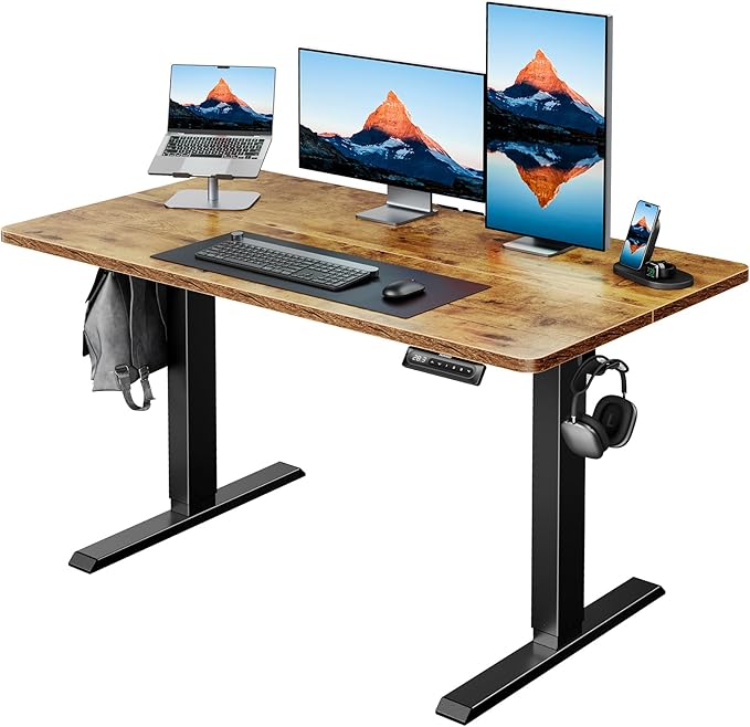 HUANUO 48 x 24 Inch Electric Standing Desk, Height Adjustable Computer Gaming Desk with 4 Memory Presets, Home Office Sit Stand Desk with Hooks & Cable Management, Vintage