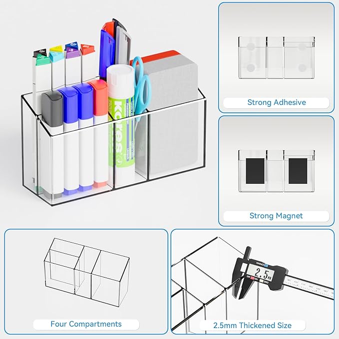 Yieach Magnetic Dry Erase Marker Holder for Whiteboard,Expo,Refrigerator and Fridge,Non Slip Magnet Pencil Holder,Wall Mounted Acrlic Pen Holder with Adhesive,Classroom and Locker Magnetic Organizer