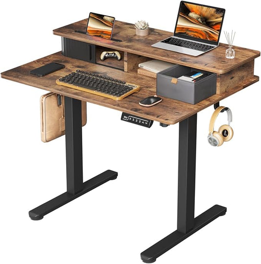 JOY worker 35" Small Electric Adjustable Desk with Monitor Stand & Drawer | Rustic Brown 35" x 25" Height Adjustable Desk for Tight Space, Shutter Door & Shelf, Sit Stand Desk with 2 Hooks, Home Office