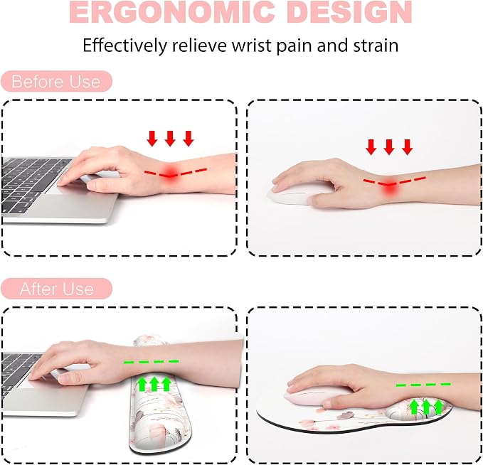 Ergonomic Mouse Pad with Wrist Rest and Keyboard Wrist Rest, Mousepad and Wrist Rest for Computer Keyboard, Non-Slip Rubber Base, Mouse Pad Wrist Support for Gaming, Office, Pink Watercolor Flower