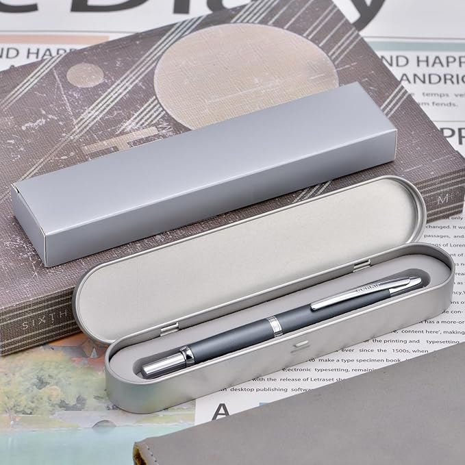 Jinhao 10 Press Fountain Pen with Box, Metal Gray Retractable Fine Nib with Ink Converter Set (Silver Clip)