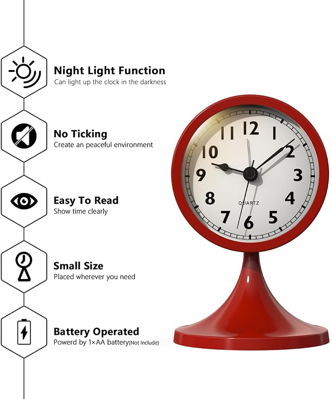 AYRELY® 3" Analog Alarm Clock, Retro Small Clock, Desk Clock for Bathroom | Cute Battery Operated Table Clock with Silent Movement and Light for Bedroom, Bedside, Living Room Decor and Shelf (Rose Red)