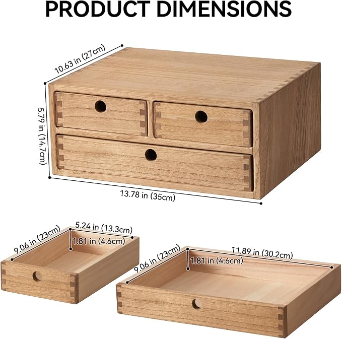 KIRIGEN Wood Desk Organizer with 3 Drawers, Desktop Storage Brown 23-DBR | Wooden Desktop Drawer Hold A4 Papers, Stationery, Jewelry, and Makeup, Fully Assembled for Home Office
