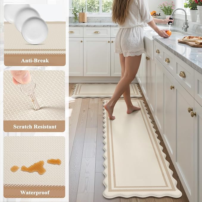 KIMODE Anti Fatigue Kitchen Mats,Beige Boho Kitchen Rugs,Modern Home Decor | Padded Kitchen Mat for Floor, Standing Desk Mat, Cushioned Kitchen Mats for Floor for Laundry Office RV Sink 17"x59"+17"x29"