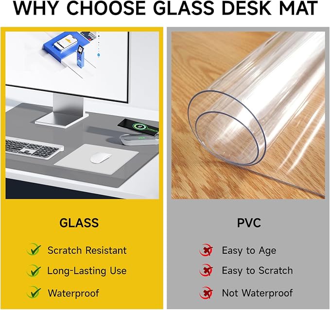 VASUHOME 24" x 18" Grey Tempered Glass Desk Mat with Beveled Edge - Ergonomic Desk Protector, Dry Erase Surface, Ideal Table Top Protector for Home & Office