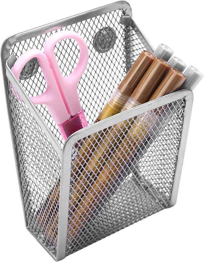 Magnetic Pencil Holder,Mesh Stainless Steel Pen Basket, Metal Writing Utensil Storage Organizer for Whiteboard,Blackboard,Kitchen, Locker, Home, or Office