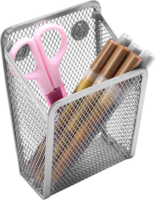 Magnetic Pencil Holder,Mesh Stainless Steel Pen Basket, Metal Writing Utensil Storage Organizer for Whiteboard,Blackboard,Kitchen, Locker, Home, or Office