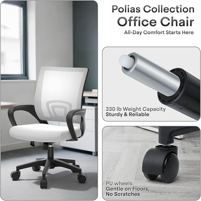 Ergonomic Mesh Office Chair, Heavy Duty 330 Lb Capacity 2 Pack, White | Mid-Back Desk Chair, Rolling Wheel, Breathable Mesh Backrest & Lumbar Support, Adjustable Height, Sponge Seat for Home Office