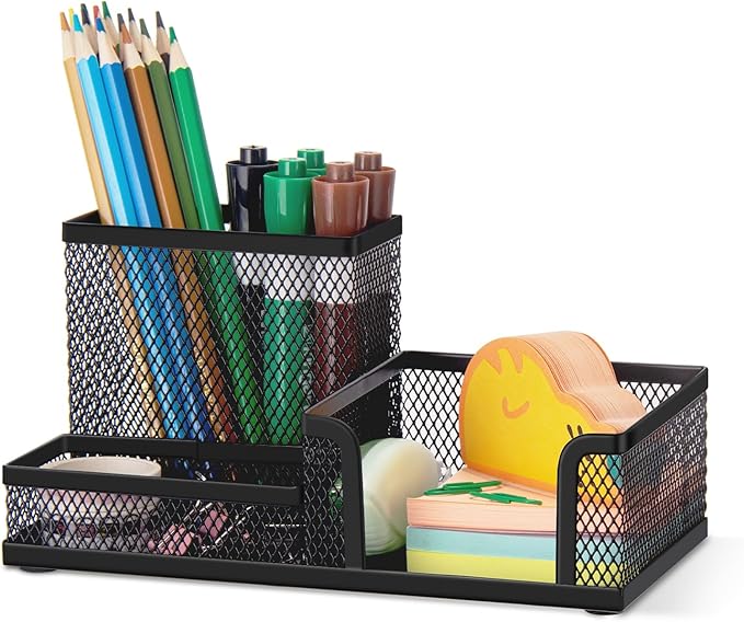 Comix Mesh Pen Holder, Desk Organizer for Home Office, Black | 3 Compartment Pencil Holder, Sticky Notes Holder, Pen Organizer Office Supplies