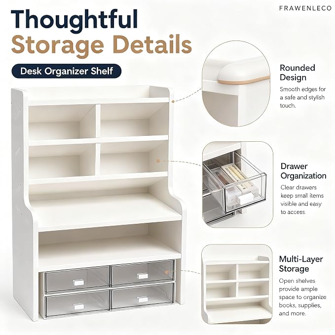 6-Tier Desktop Organizer Shelf, Small White Desk Storage Rack with Drawers, Multi-Layer Office Desk Organizer for Books, Stationery, Makeup, Study Room, Dorm, Home Office