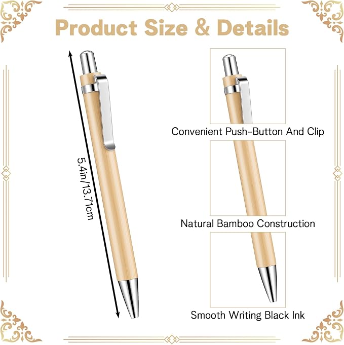100 Pcs Bamboo Pens Bulk, Wooden Retractable Ballpoint Pen Black Ink 1mm, Eco-Friendly Smooth Writing Pen for Engraving, Customizable Bulk Pens for Office Supplies Gifts