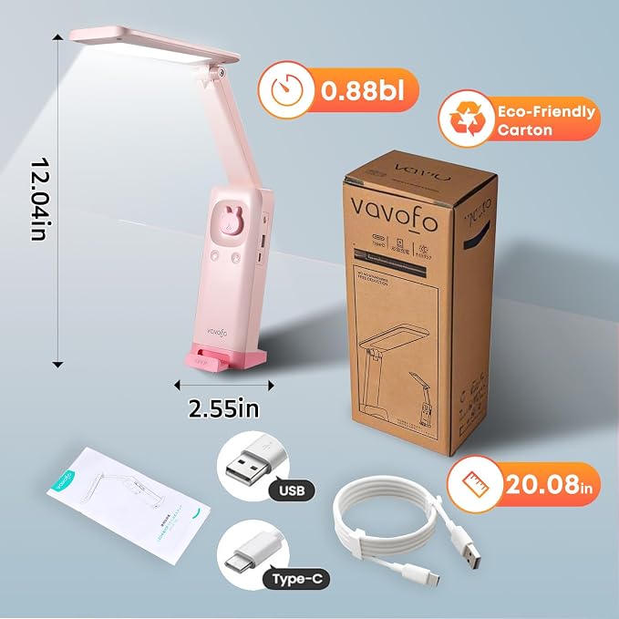 VAVOFO Cute Bunny Desk Lamp, Foldable LED Rechargeable Table Light, Eye-Caring Reading Lamp, 3 Color Modes & Dimmable, for Kids Girls Bedroom Study Dorm Room(Pink)