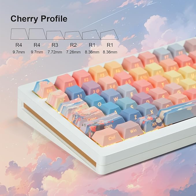 dagaladoo Shine Through keycap Set,Double Shot PBT keycaps 60 75 Percent,dye sub Custom Key caps,Side Printed,Blue/Orange,Cherry Profile Keyboard caps for Machine Keyboard(Sunset)
