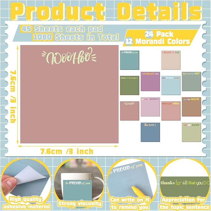 Yinder 24 Pcs Inspirational Sticky Notes Thank You Gift Motivational Sticky Note Pad Employee Appreciation Gift Bulk for Staff Coworker Teacher Nurse Office Groups 3 x 3'' (Thank You,Morandi Color)