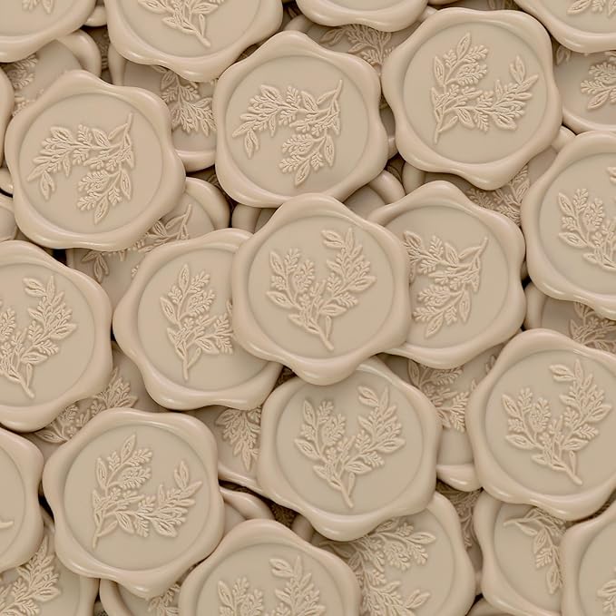 UNIQOOO Wax Seal Stickers - Eucalyptus Wedding Invitation Envelope Seal Stickers, 50 Pcs Self- Adhesive Tan White Sand Stickers, Perfect for Invitation, Christmas, Gift Wrapping, Party